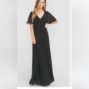Show Me Your Mumu black chiffon bridesmaid dress full skirt flare short sleeve